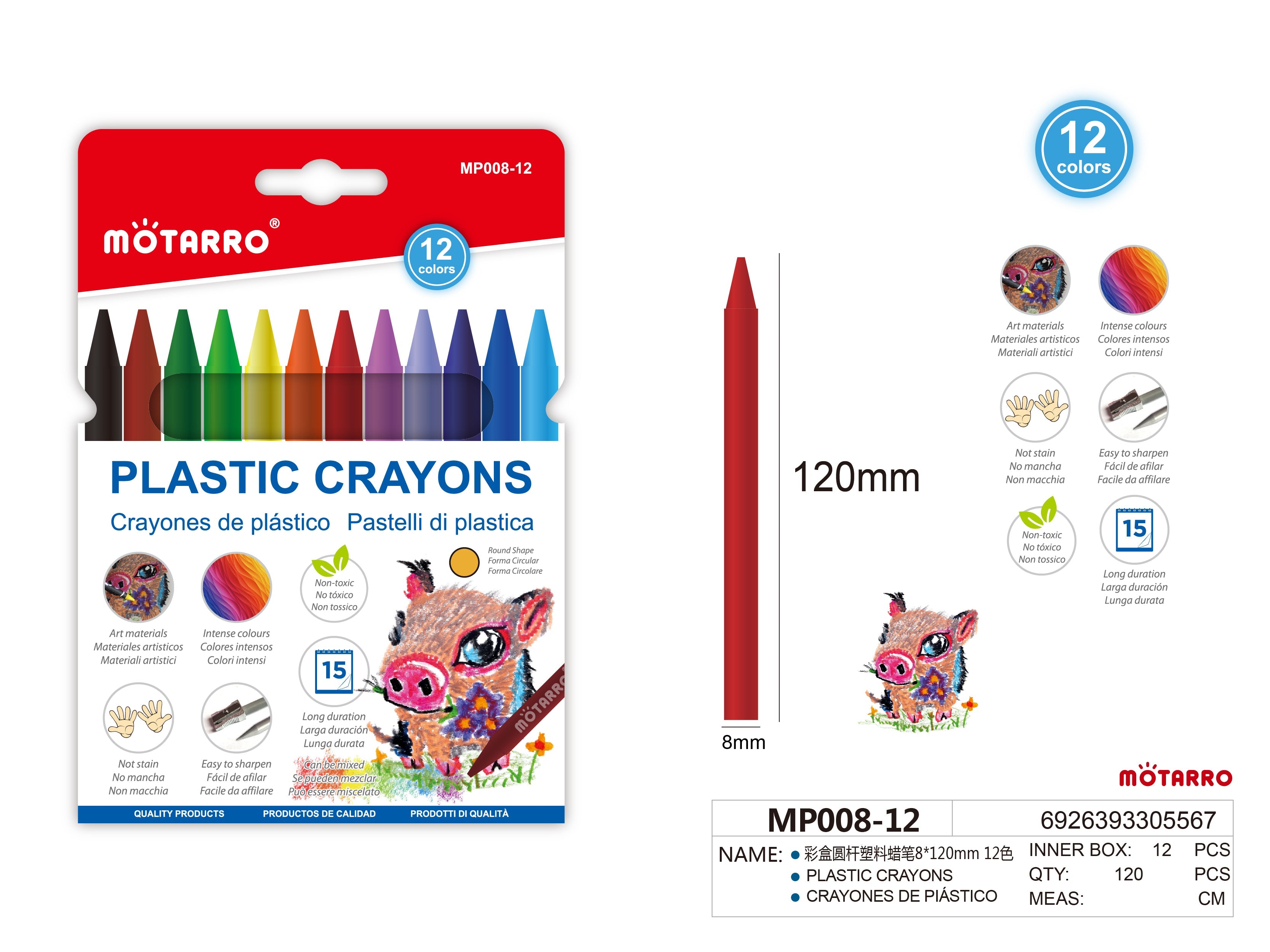 CRAYONES DE PLASTICO 8*120mm 12HIPERCASA MX