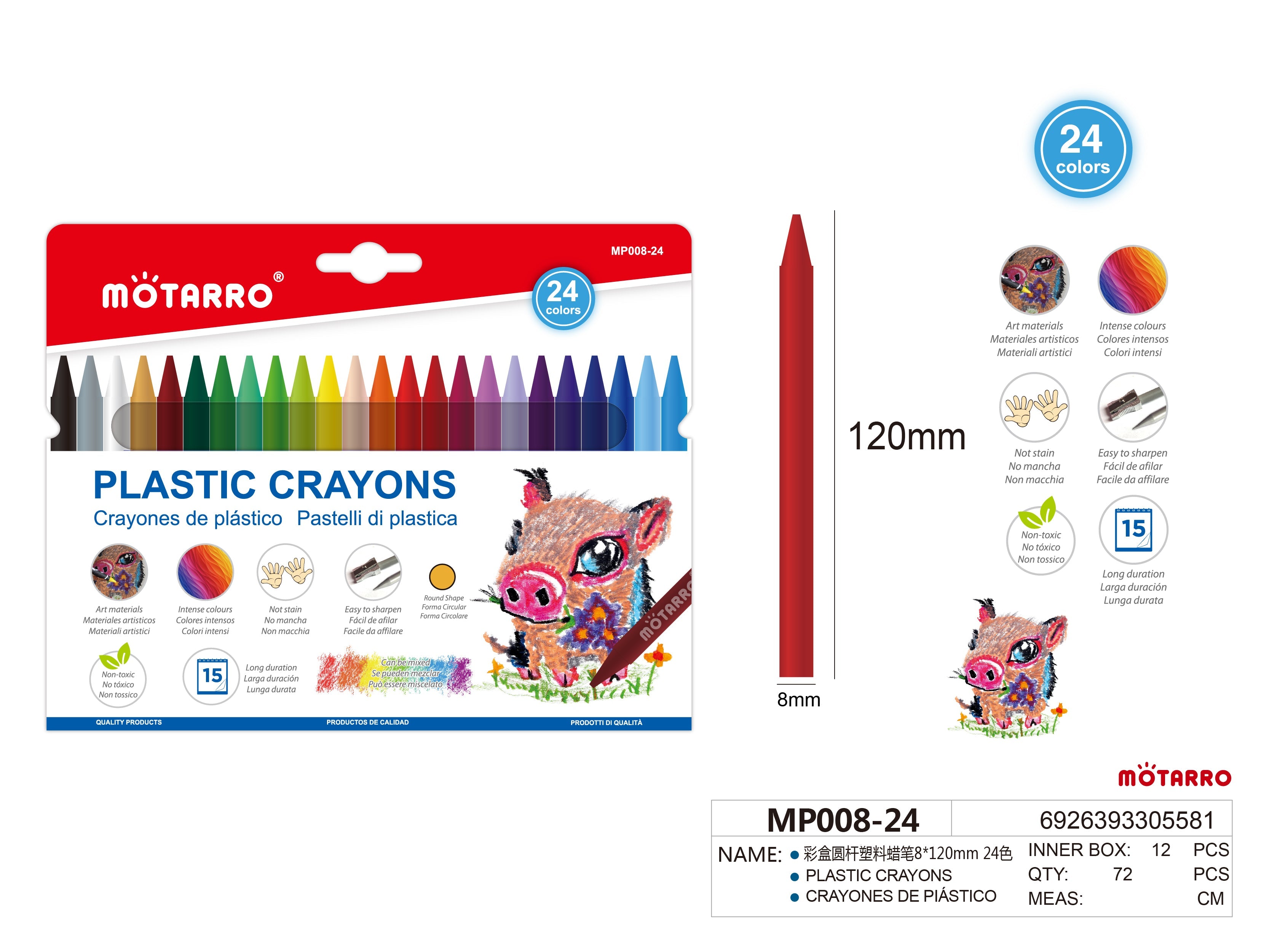 CRAYONES DE PLASTICO 8*120mm 24HIPERCASA MX